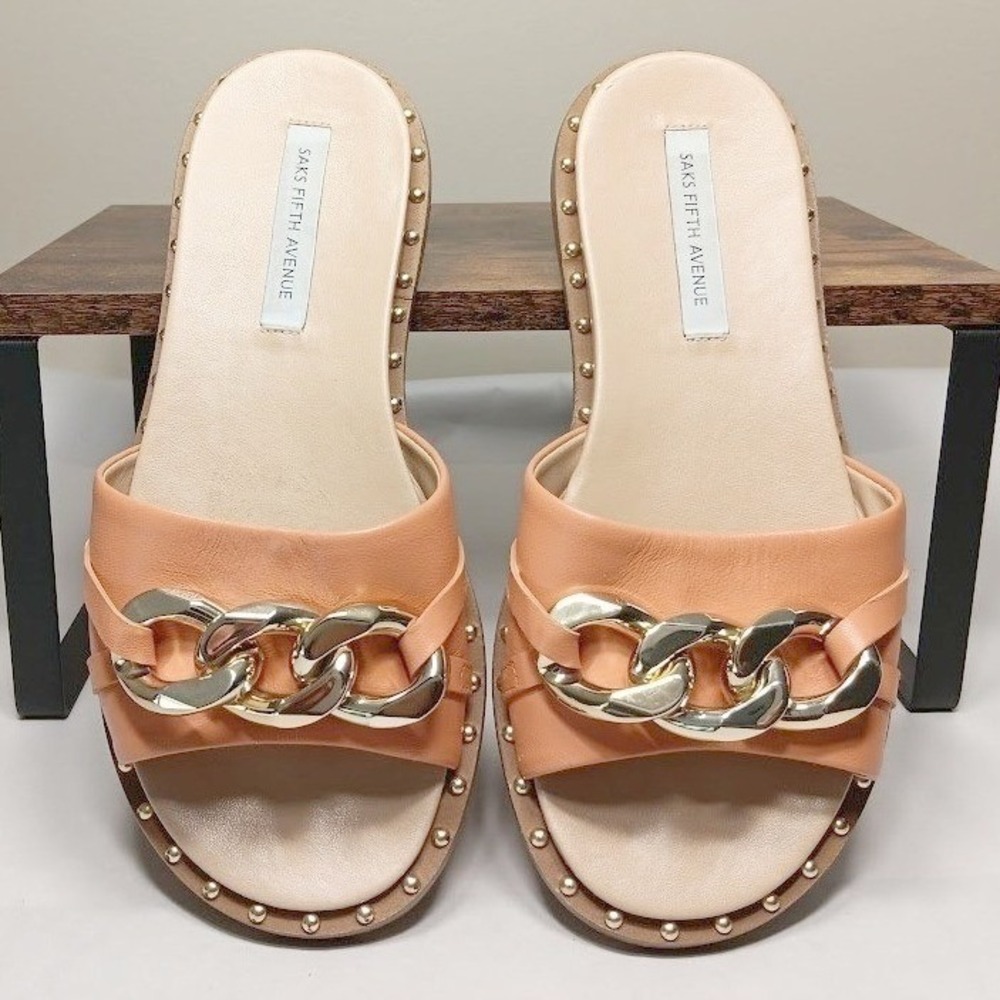 Saks Fifth Avenue Slide Sandals Womens 6M‎ Peach Gold Chain Studded